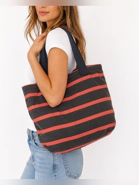 Oversized Black & Coral Striped Tote Bag Beach Travel Carryall 22x17